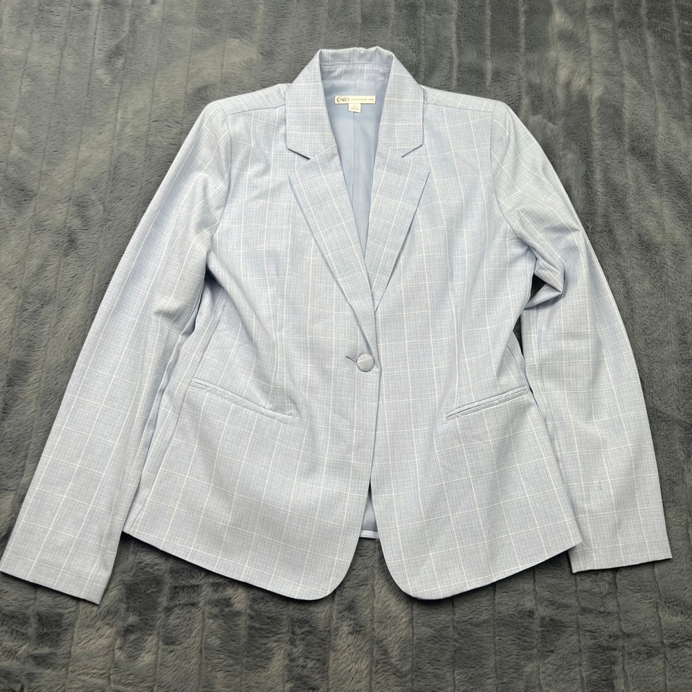Cato Womens Light Blue Glen Plaid Single Button Blazer Jacket Size Small
